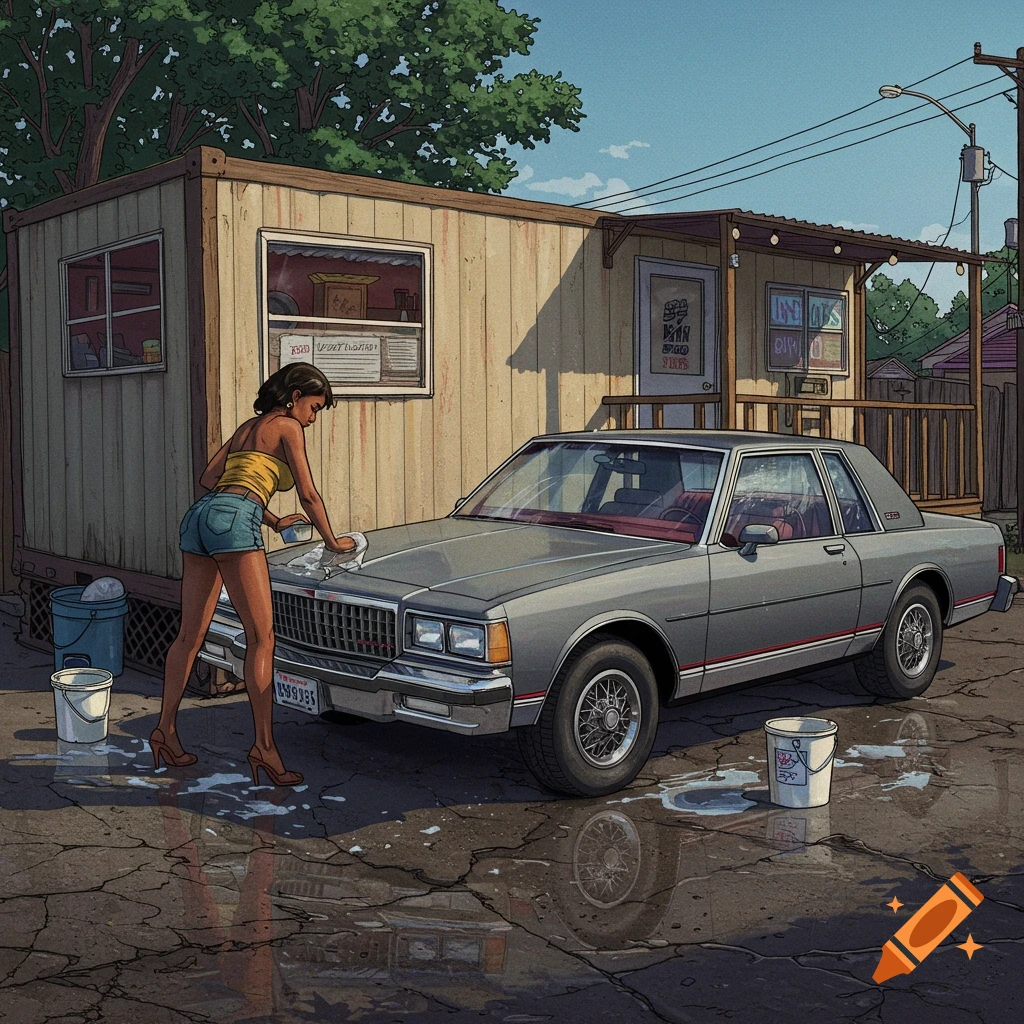 A woman in shorts and tube top is washing a grey car next to a portable building.