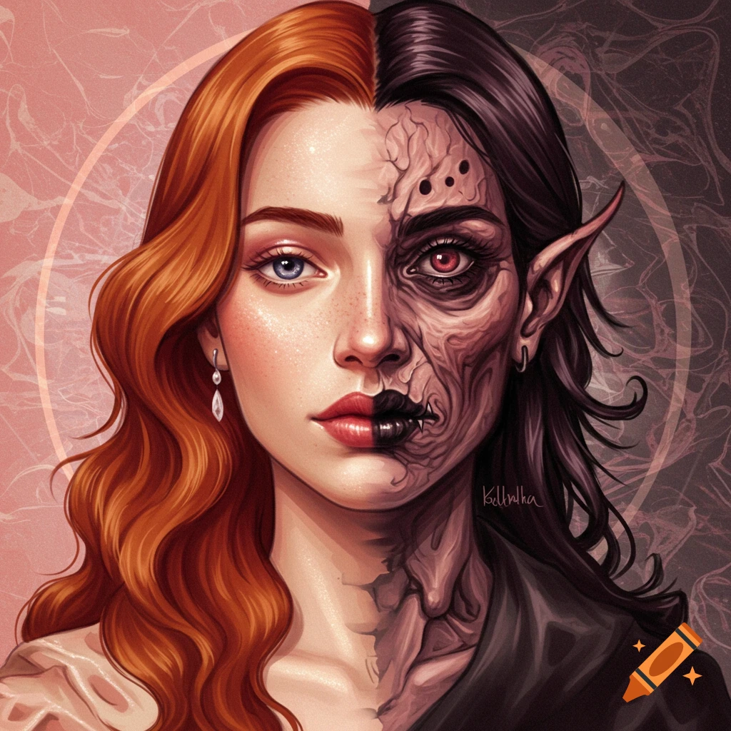 Portrait of a person split between a beautiful and a monstrous half.