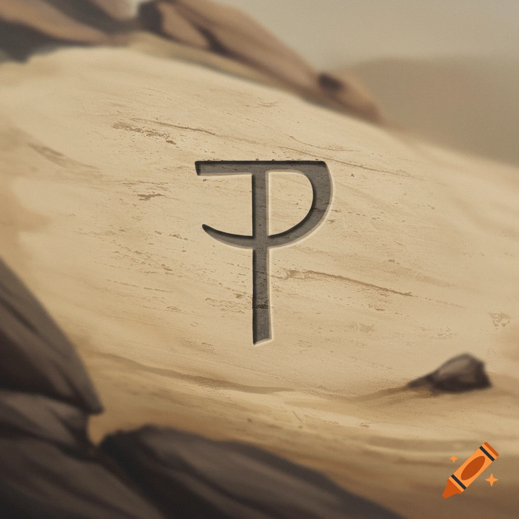 A stylized symbol embedded in sand
