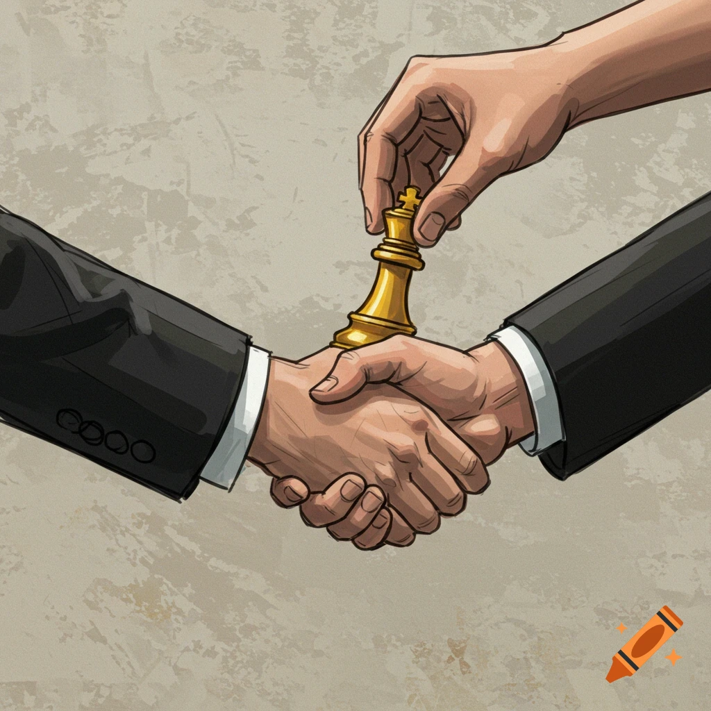 Digital illustration of two hands shaking, with a golden chess king being placed in the middle.
