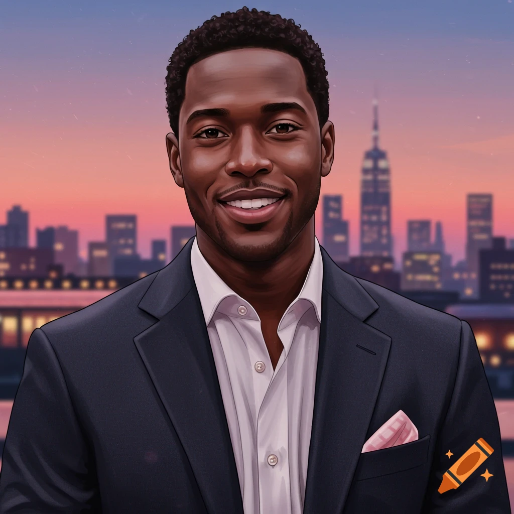 A smiling Black man in a suit with a pink pocket square, standing in front of a city skyline at sunset.