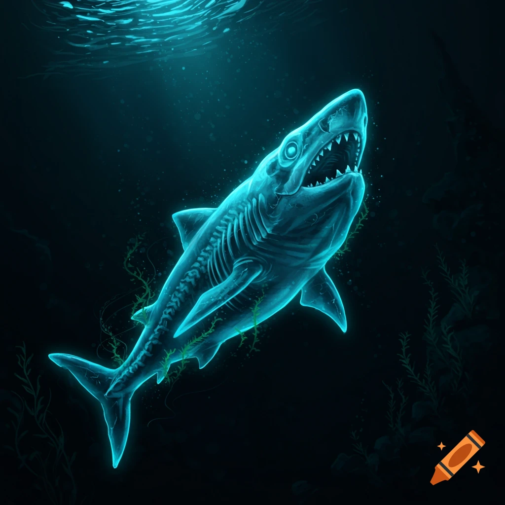 A glowing blue transparent shark swimming in dark water.