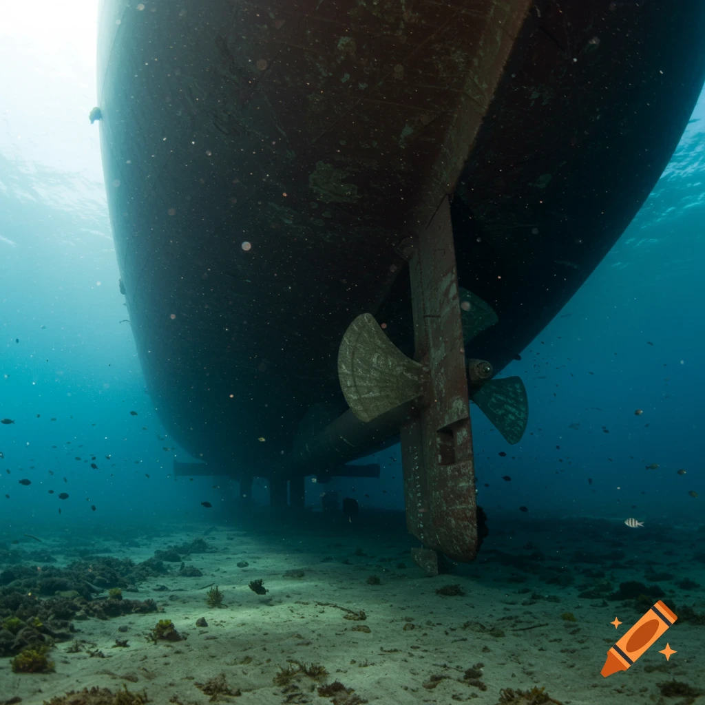 View looking up at a ship hull, propeller, and rudder underwater with seabed and fish.