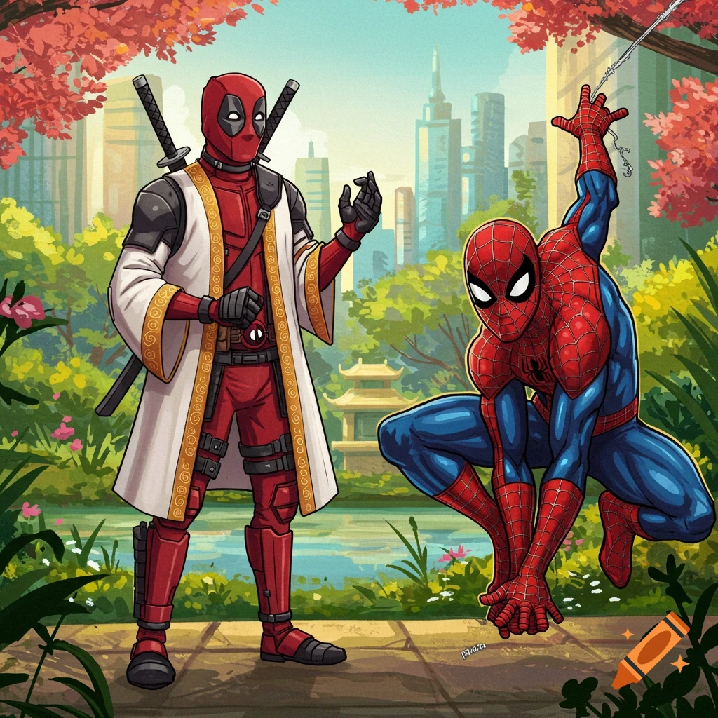 Deadpool in a white robe stands with Spiderman in a Japanese garden setting.