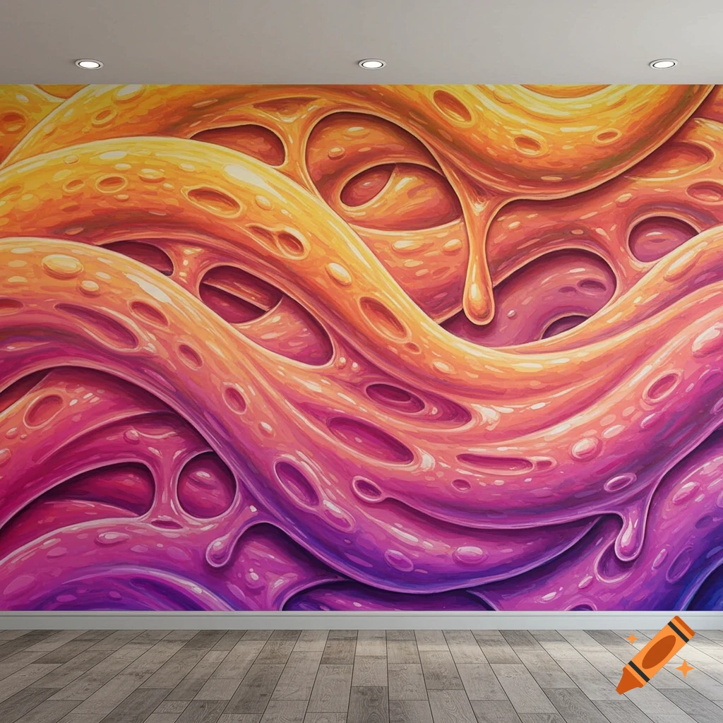 A wall mural with colorful abstract slime forms in orange, pink, and purple, in a room with a wooden floor.