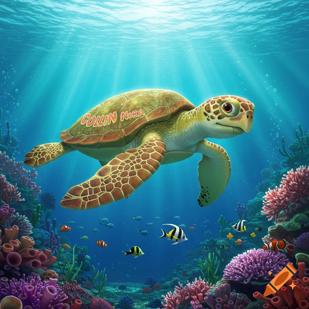 Animated illustration of a sea turtle with 'COLLIN NORA' on its shell, swimming near coral and fish.
