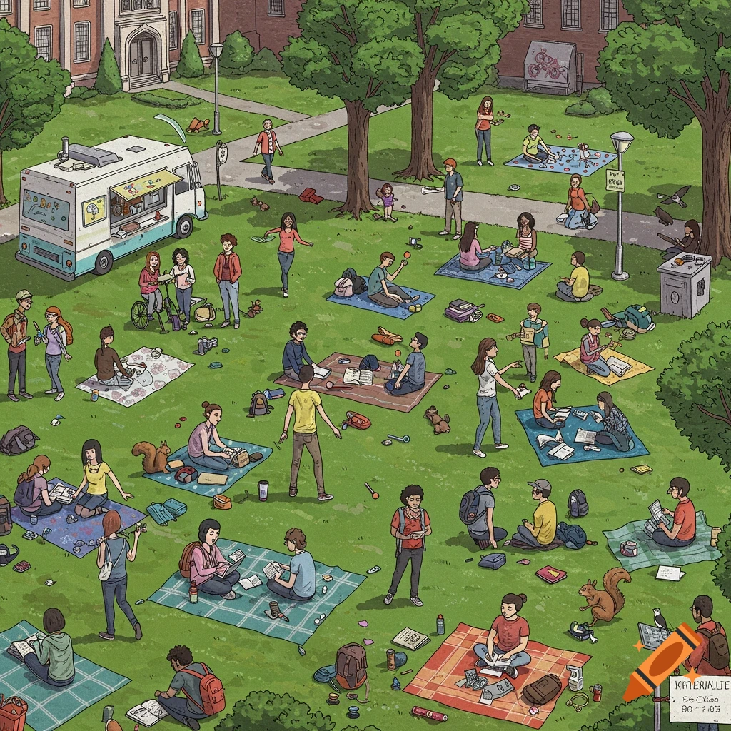 A busy college campus green with students studying, playing, and a food truck.
