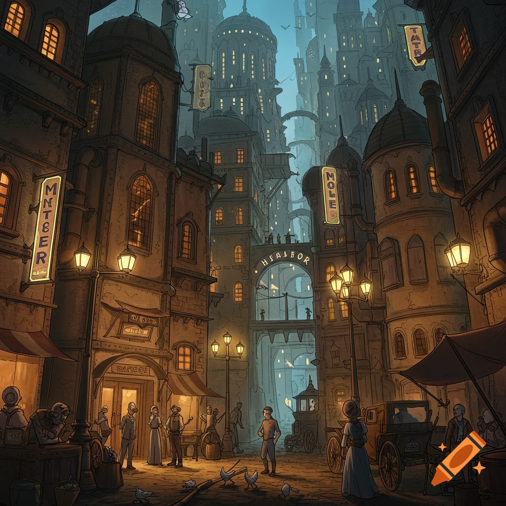Detailed image of a fantasy city street at night with tall buildings, illuminated signs, people, chickens, and a vehicle.