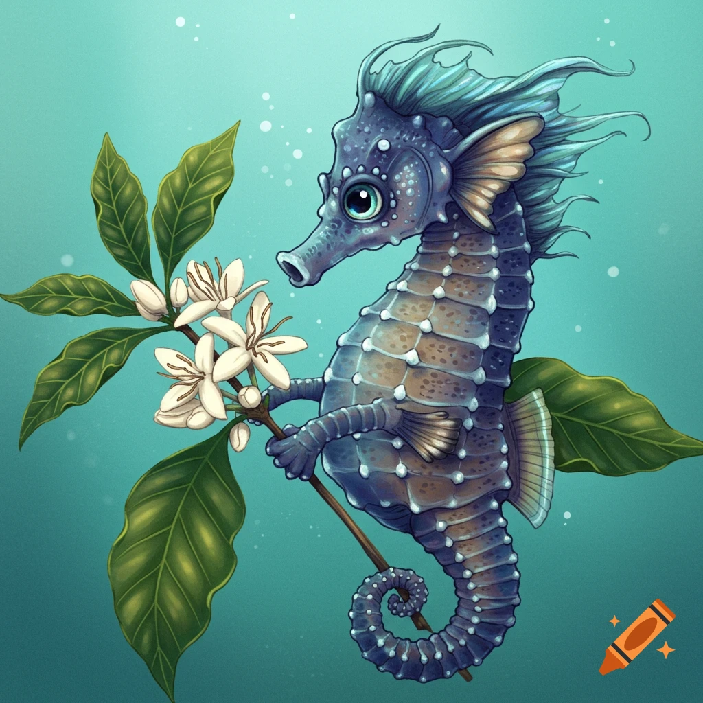 A purple seahorse holding a branch with coffee leaves and white flowers underwater.