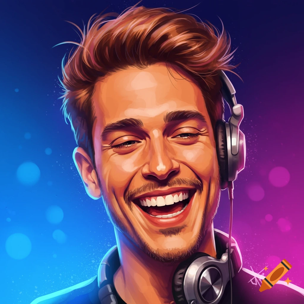 Painting of a smiling man wearing headphones