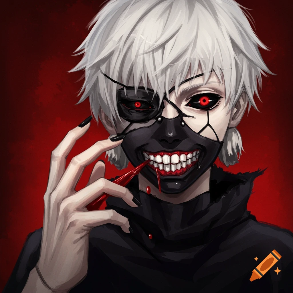 Anime portrait of a white-haired character with red eyes, mask, sharp teeth, and blood.