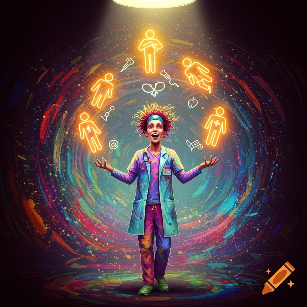 Surreal depiction of a person in a colorful coat juggling glowing medical symbols in a vibrant, abstract setting.