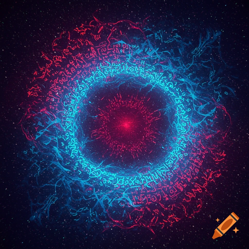 Abstract image of a red and blue glowing circular structure with intricate, text-like patterns against a starry void background.