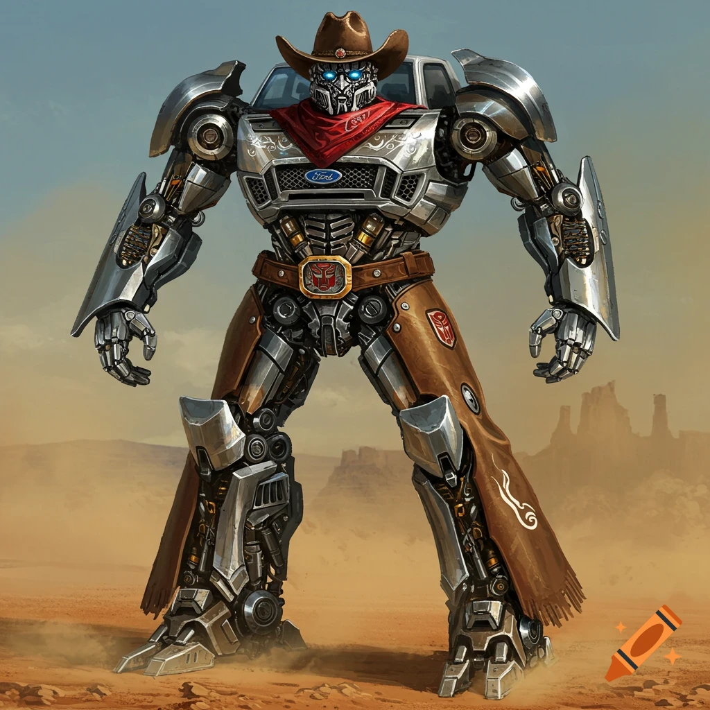 a cowboy themed Ford Ranger Transformer robot in a desert