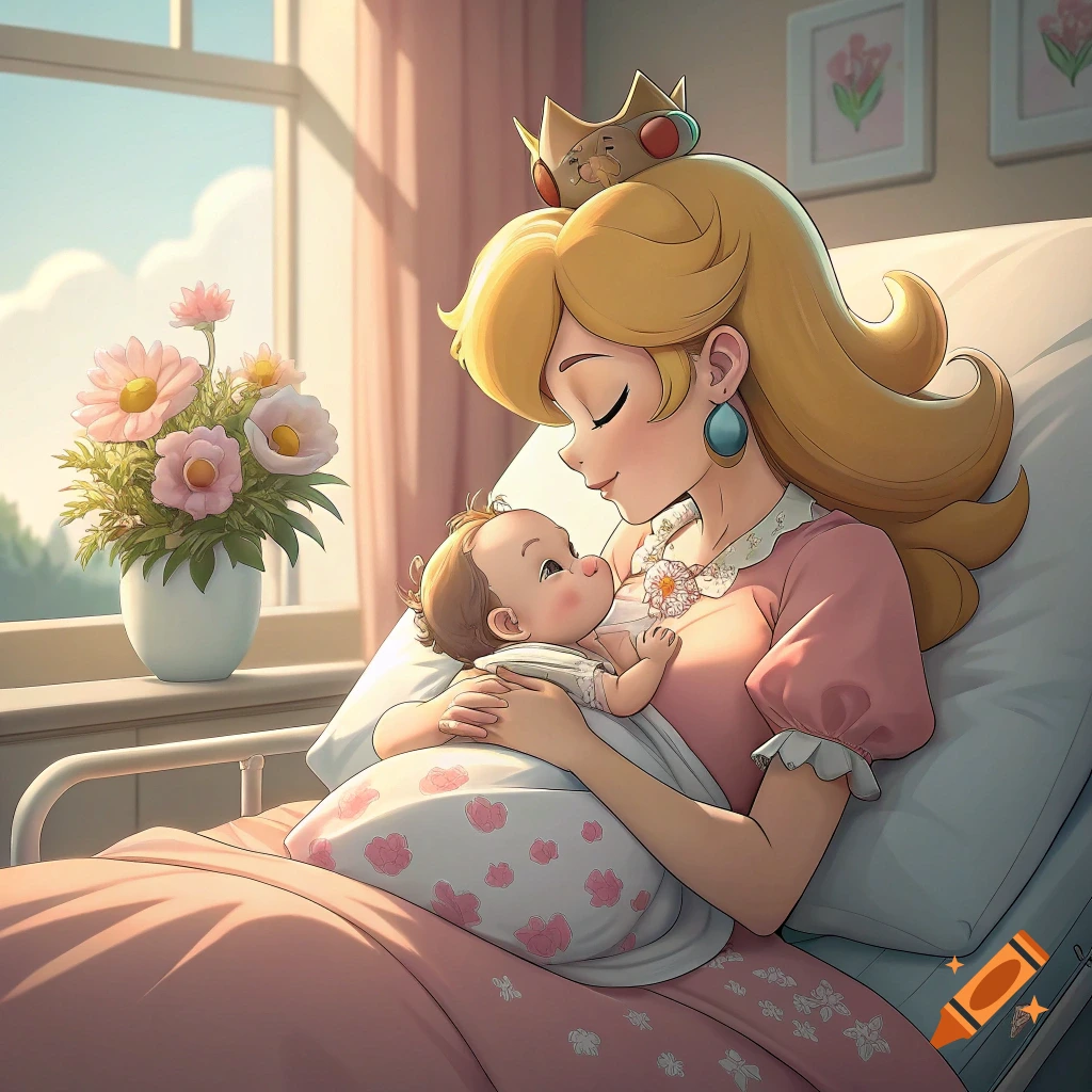 Illustrative image of Princess Peach in a hospital bed holding a baby.
