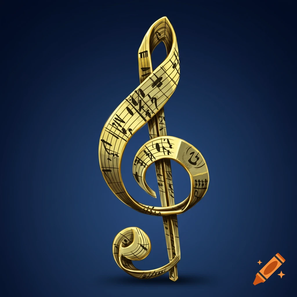 Golden treble clef covered in musical notes on a blue background