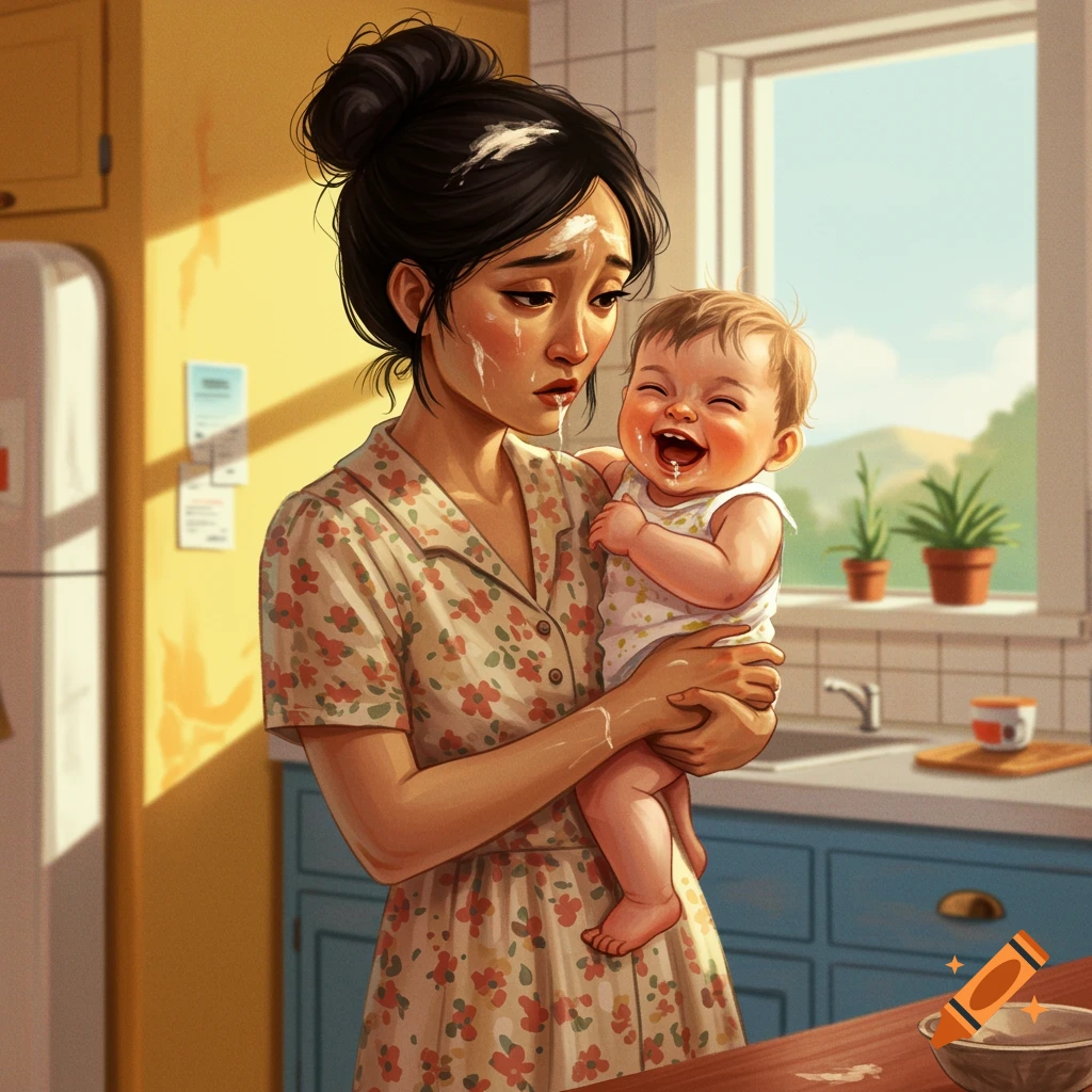 A weary mother holding a happy baby in a sunny kitchen.