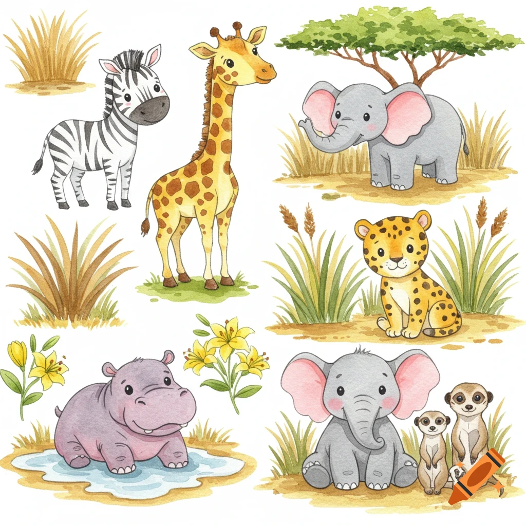 Watercolor illustrations of cute safari animals including a zebra, giraffe, elephants, leopard, hippo, and meerkats.