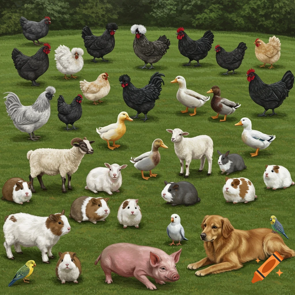 A large group of farm animals, including chickens, ducks, sheep, a pig, a dog, rabbits, guinea pigs, and birds, standing and laying on green grass.