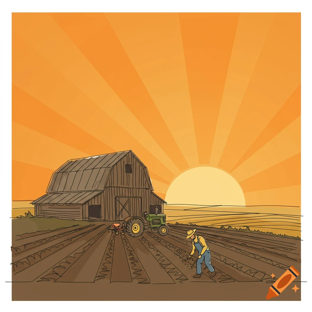 Line drawing of a farmer sowing seeds in a field with a barn, tractor, and sunrise over hills.