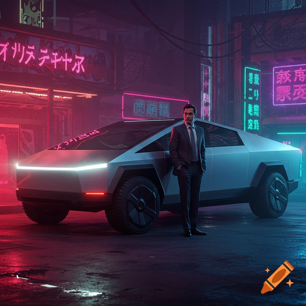 A man in a suit stands next to a Cybertruck in a neon-lit cyberpunk city.