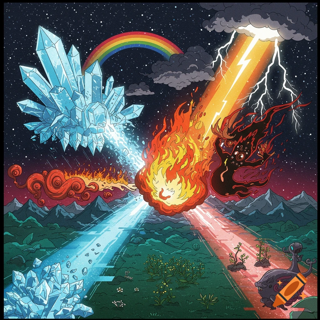 Fantasy illustration of ice crystals, fire, lightning, creatures, and a rainbow clashing over a landscape.