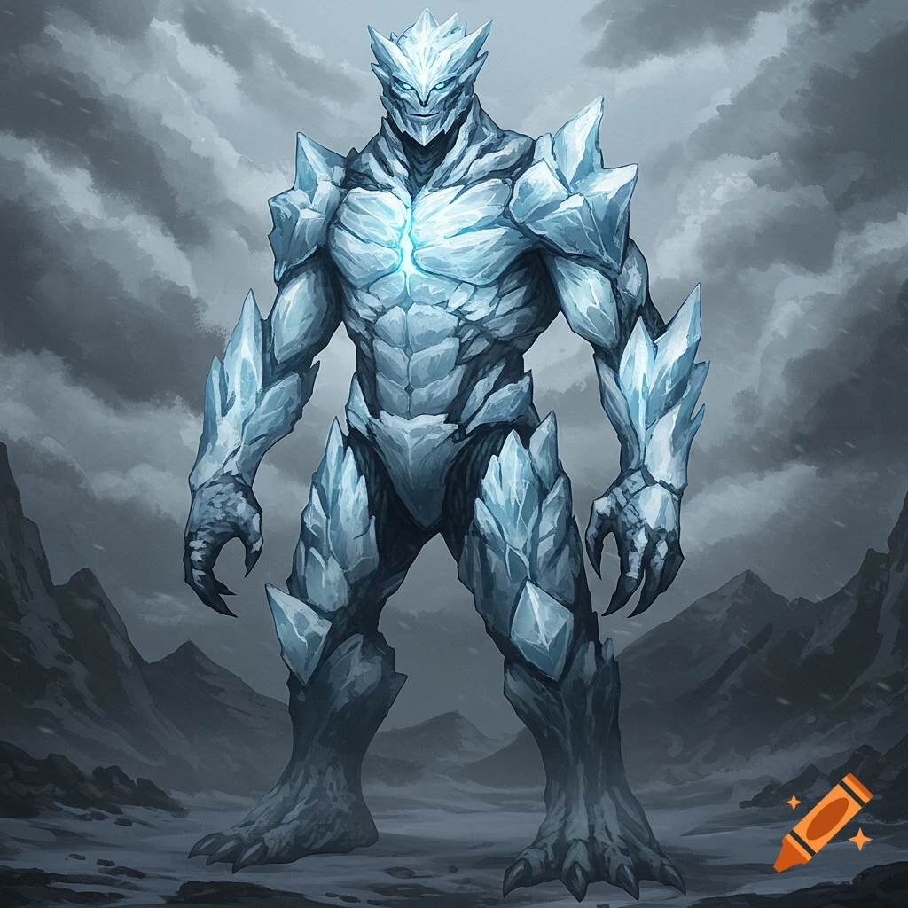 A giant humanoid creature made of ice stands in a snowy mountain landscape.