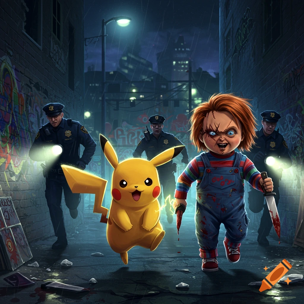 Pikachu and Chucky run down a dark, rainy alley pursued by police officers holding flashlights.