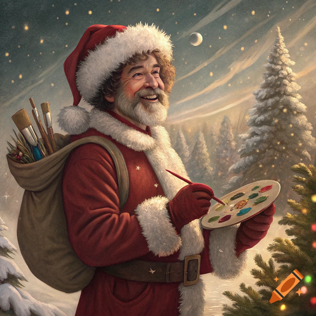Santa Claus painting in a snowy Christmas scene.