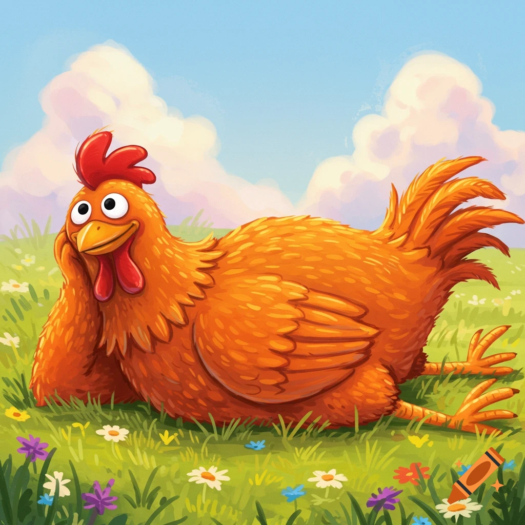 A cartoon orange chicken lays down in a grassy field with flowers under a cloudy blue sky.