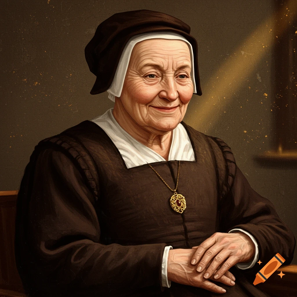portrait of an older woman in historical clothing smiling
