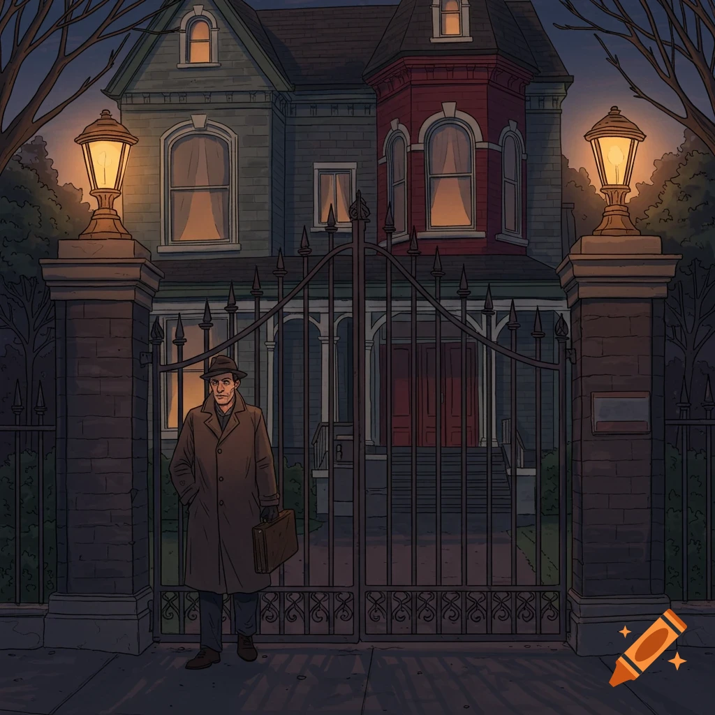 An illustration of a man in a hat and coat standing outside a large house gate at night.