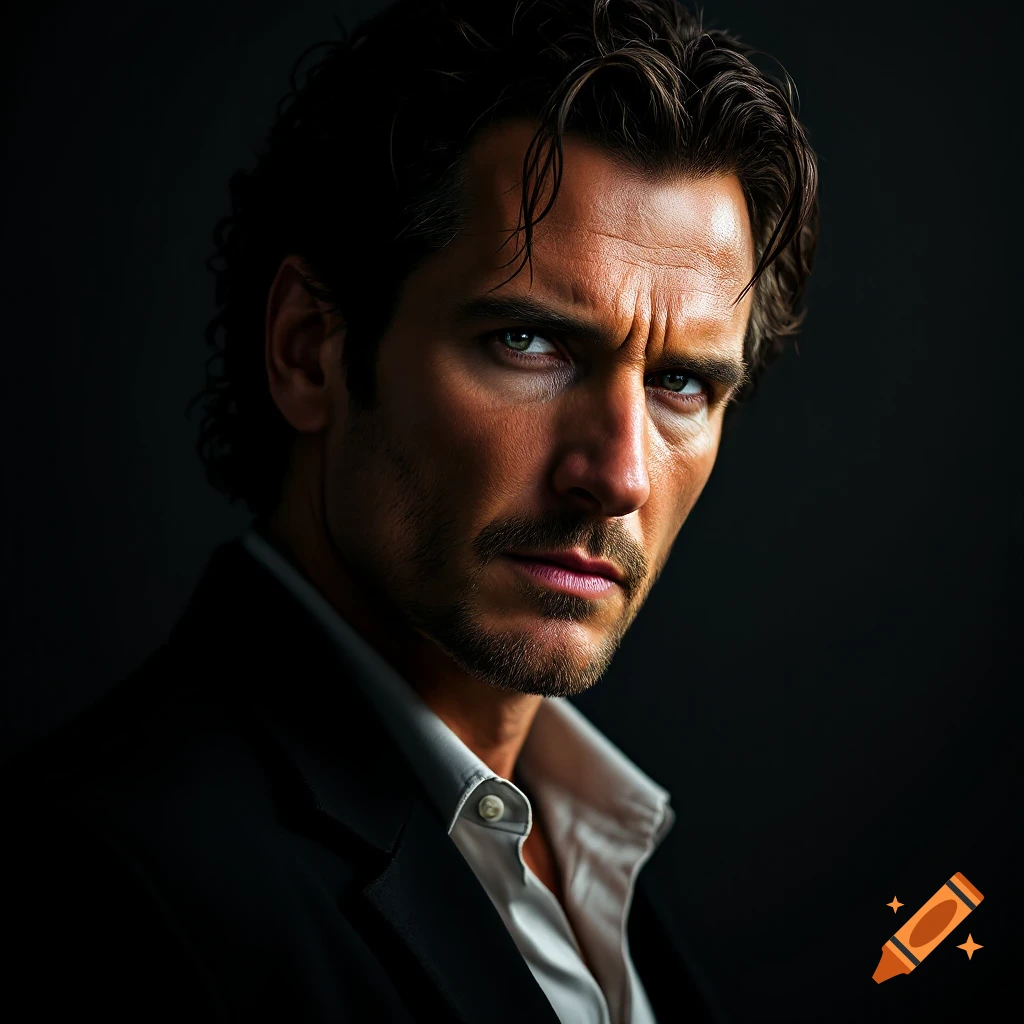 A dramatic portrait of a man in a suit.