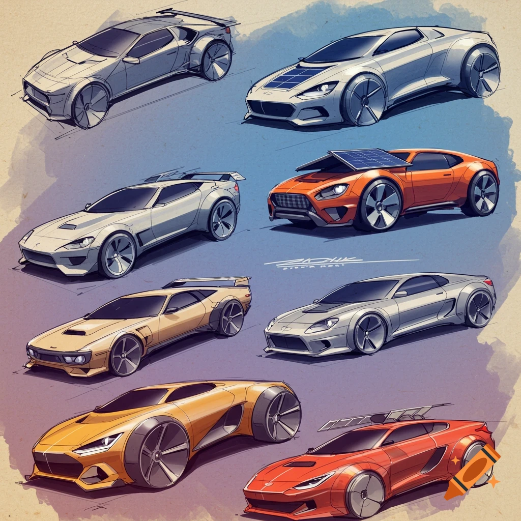 Digital sketch of multiple concept cars in various colors and styles