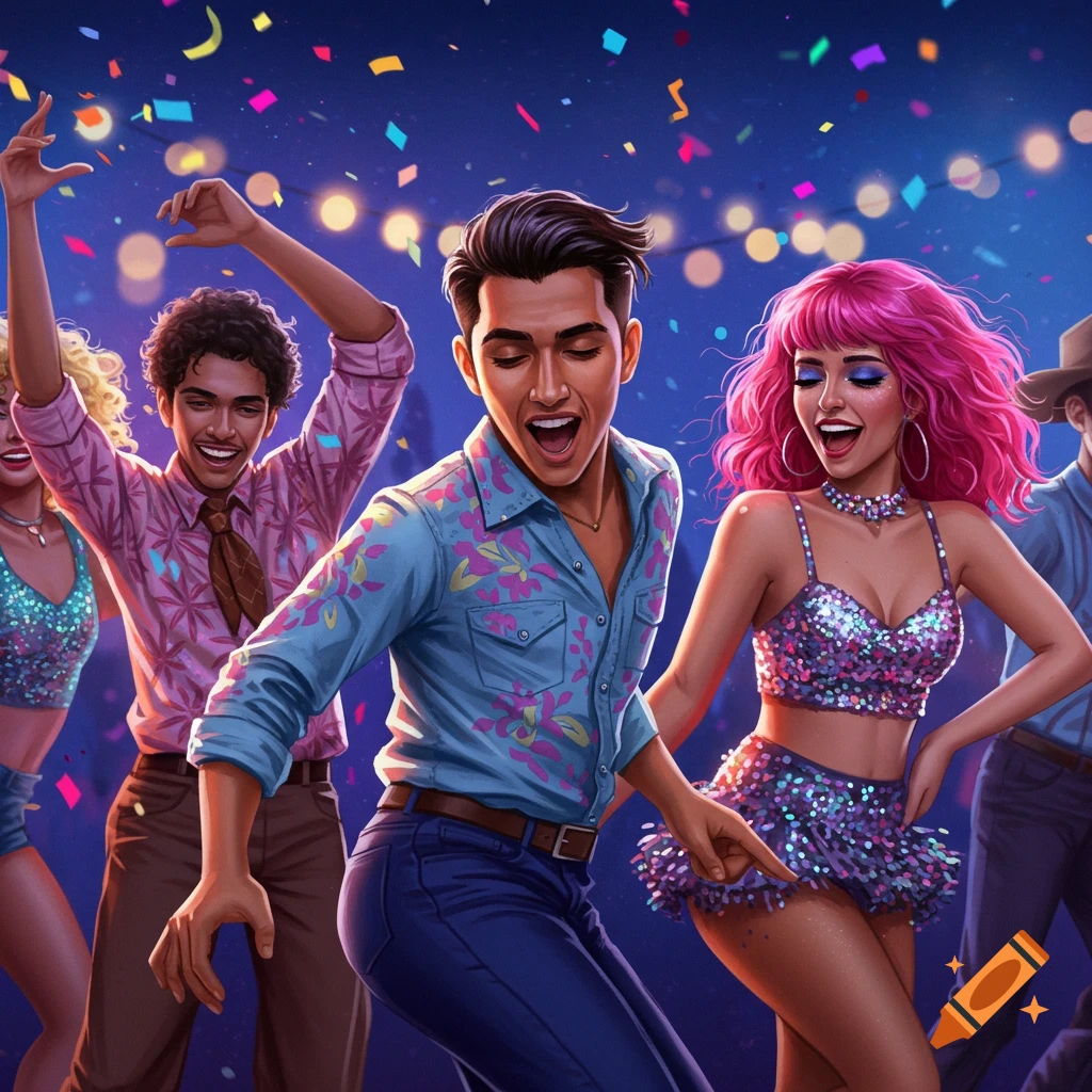 People dancing at a party with confetti and lights.