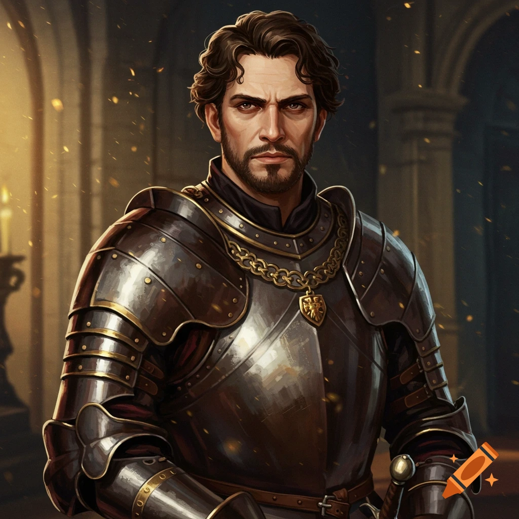 A stern man with dark hair and beard wears ornate medieval armor.