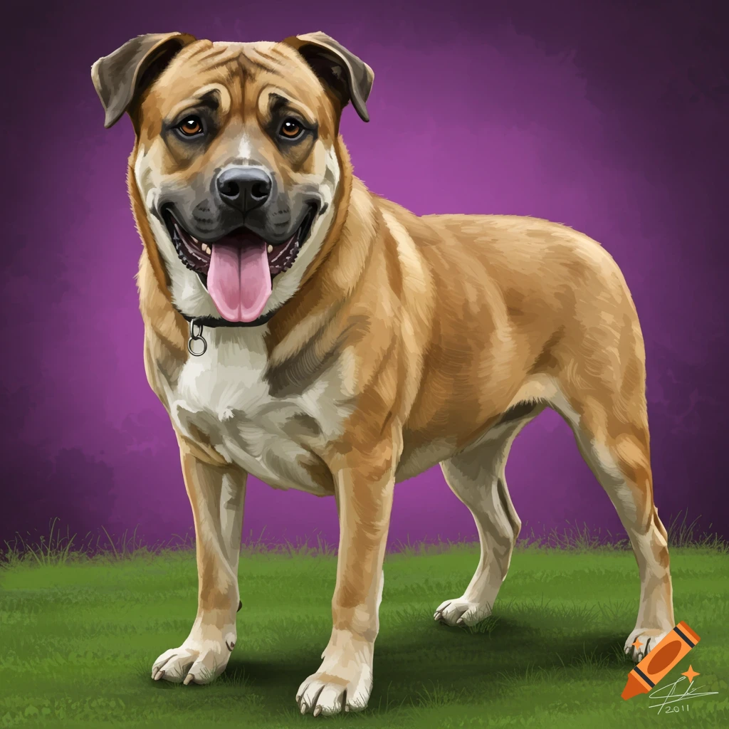 A large, light brown and white dog standing in grass with a purple background.