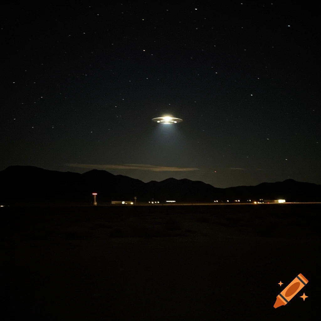 A luminous flying saucer hovers over a dark desert landscape under a starry night sky, with mountains in the distance.