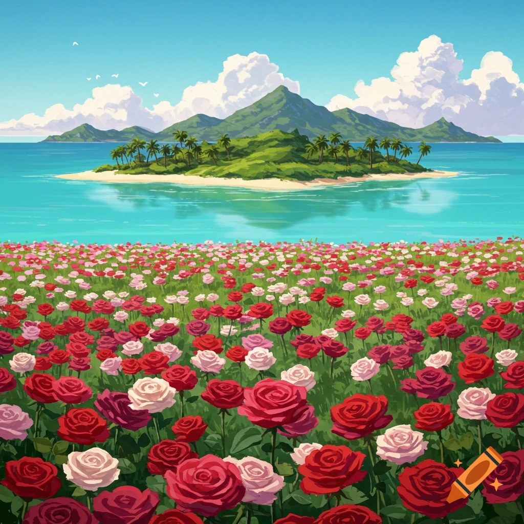 A field of red and pink roses on a tropical island.
