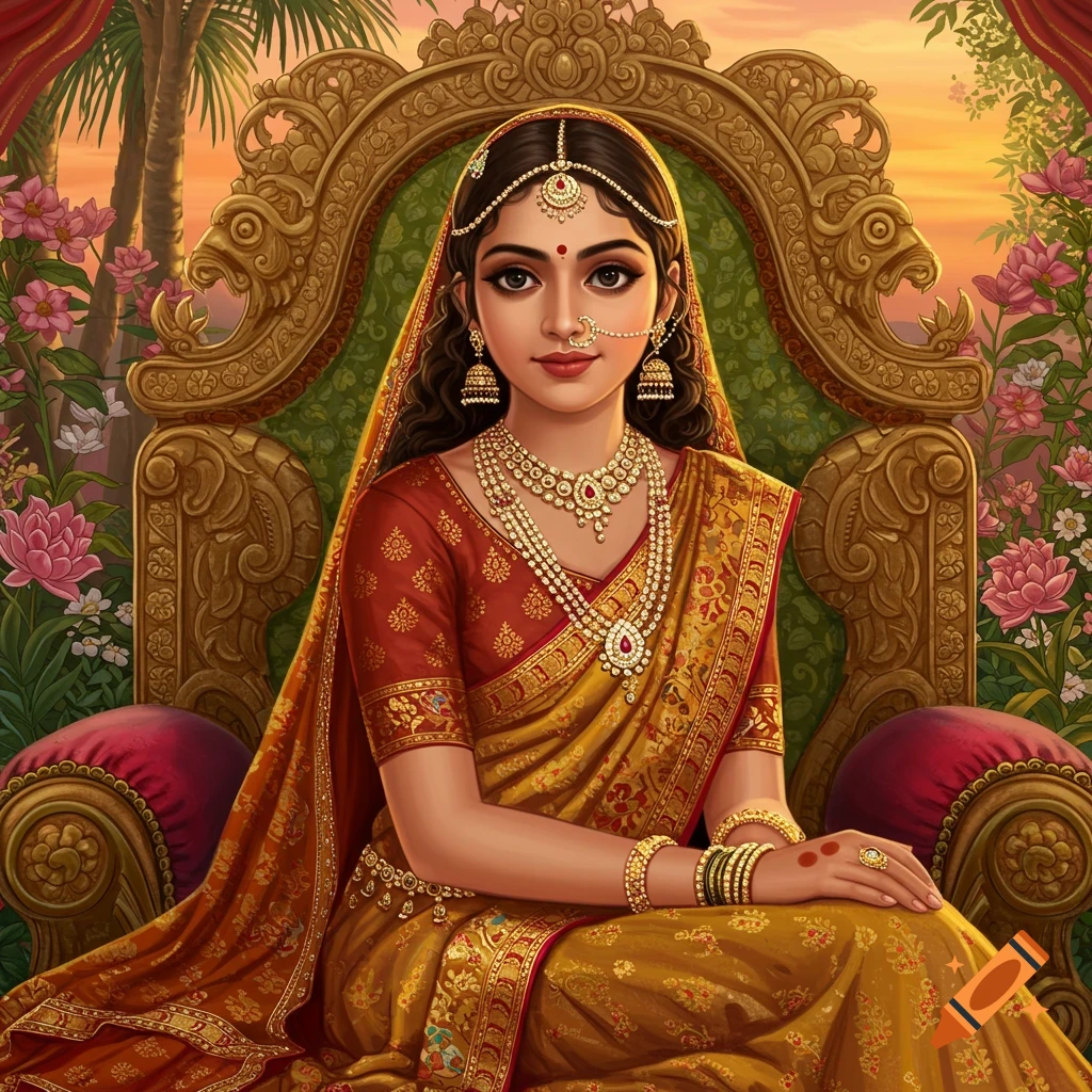 An Indian princess sitting on an ornate golden throne in a garden at sunset.