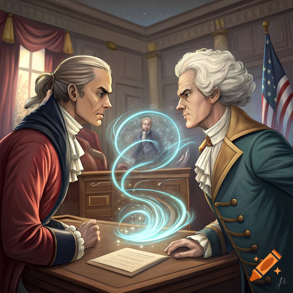 Two historical figures face off over a table with glowing energy between them in a historical room.