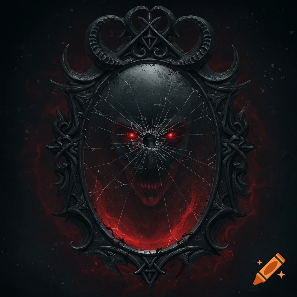 A cracked mirror reflects a monstrous face with glowing red eyes in a dark fantasy style.