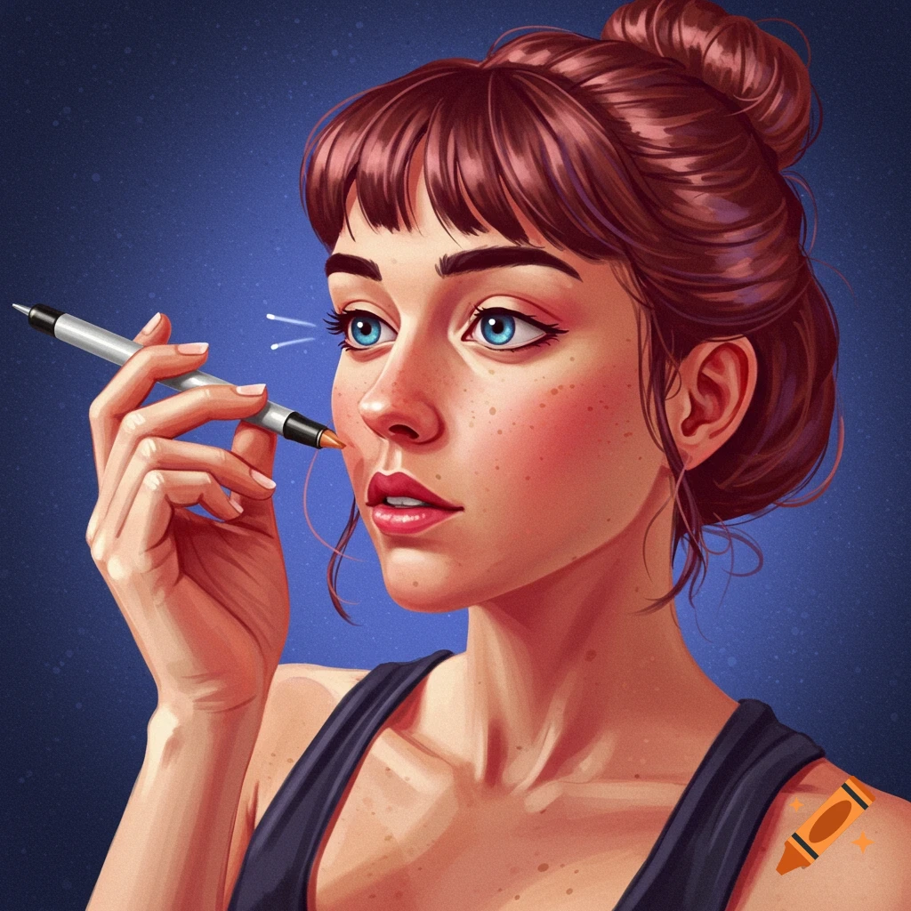 A woman with freckles and bright blue eyes is holding a pen near her face.
