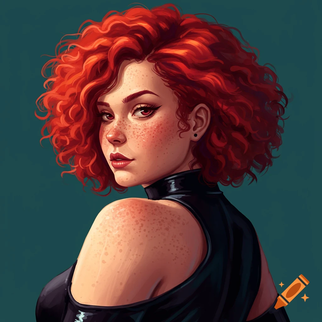 Woman with red curly hair and freckles wearing a black top