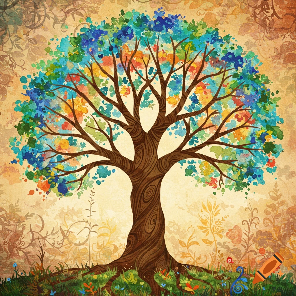 Watercolor illustration of a stylized tree with colorful splashes for leaves and roots.