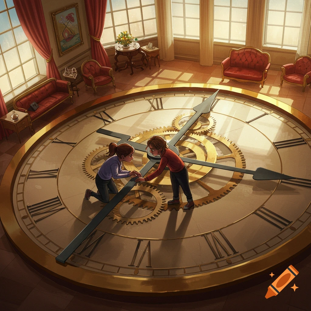 Two children on a giant clock face in a large room.