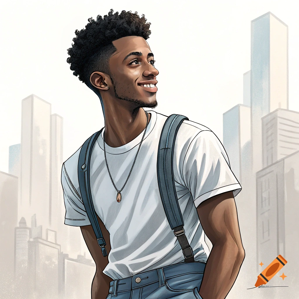 A young man with a backpack smiles and looks up in front of a stylized city skyline.