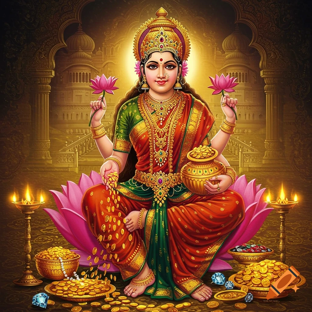Hindu goddess Lakshmi seated on a lotus, holding lotuses and a pot of coins, surrounded by treasure.