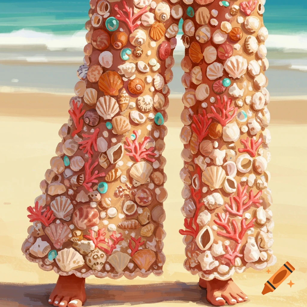 Legs wearing pants made of seashells and coral on a beach.
