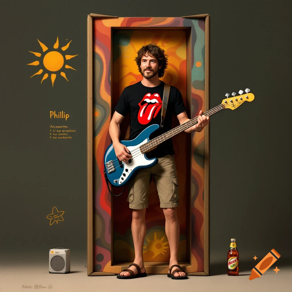 Action figure packaging of a bass player in a Rolling Stones shirt, shorts, and sandals, holding a blue bass guitar.